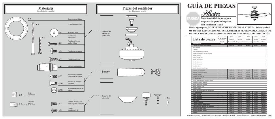 Guía de piezas, Piezas del ventilador, Materiales | Parada, Lista de piezas | Hunter Fan 28038 User Manual | Page 2 / 2