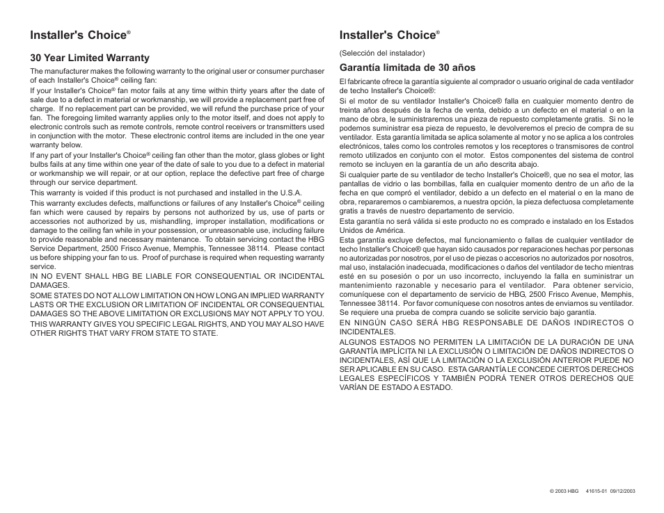 Installer's choice, 30 year limited warranty, Garantía limitada de 30 años | Hunter Fan 41615-01 User Manual | Page 4 / 4