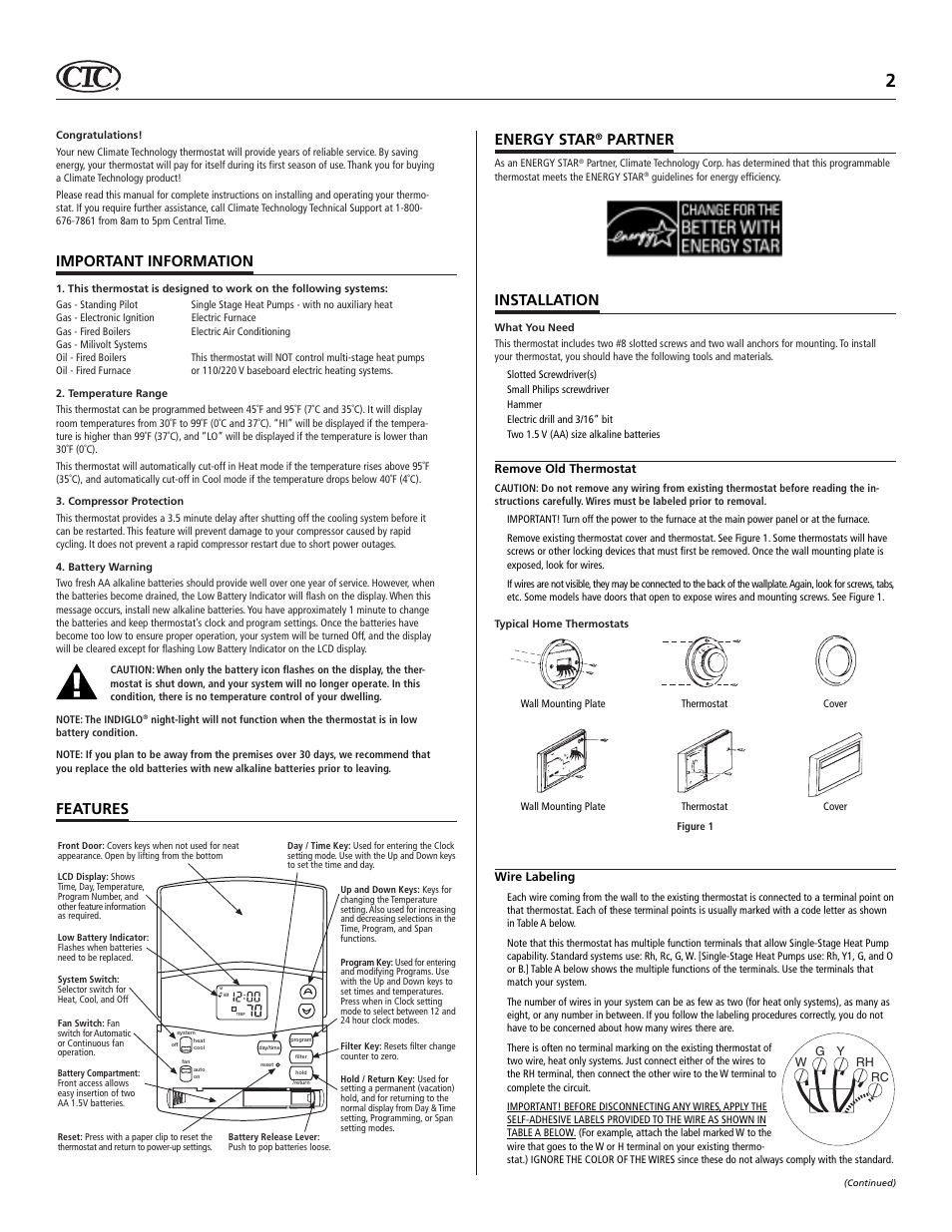 Important information, Features, Energy star | Partner, Installation | Hunter Fan 43154 User Manual | Page 2 / 7
