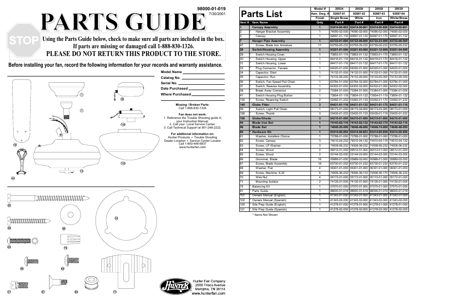 Hunter Fan 20536 User Manual | 2 pages