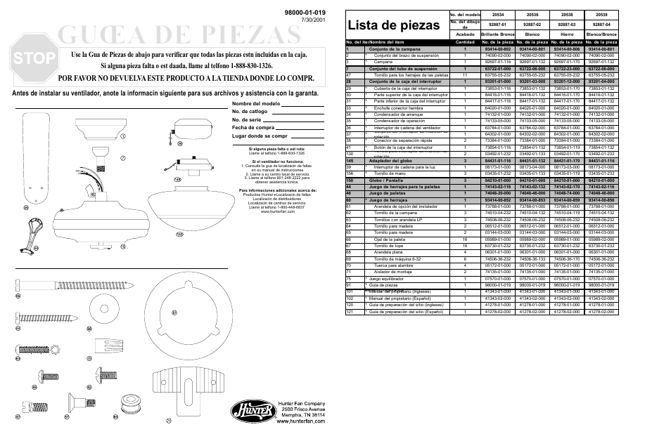 Guœa de piezas guêa de piezas, Lista de piezas, Herrajes | Piezas del ventilador | Hunter Fan 20536 User Manual | Page 2 / 2