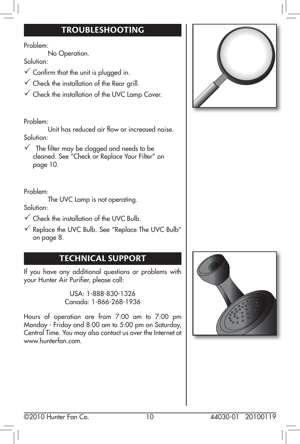 Troubleshooting, Technical support | Hunter Fan 44030-01 User Manual | Page 10 / 14