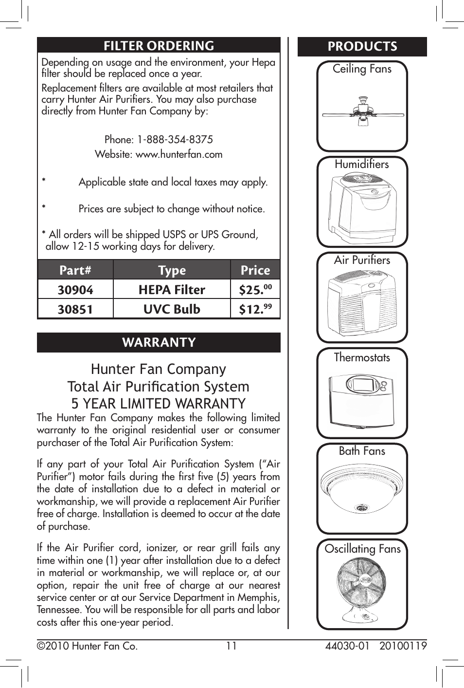 Filter ordering, Warranty, Products | Warranty products | Hunter Fan 44030-01 User Manual | Page 11 / 14