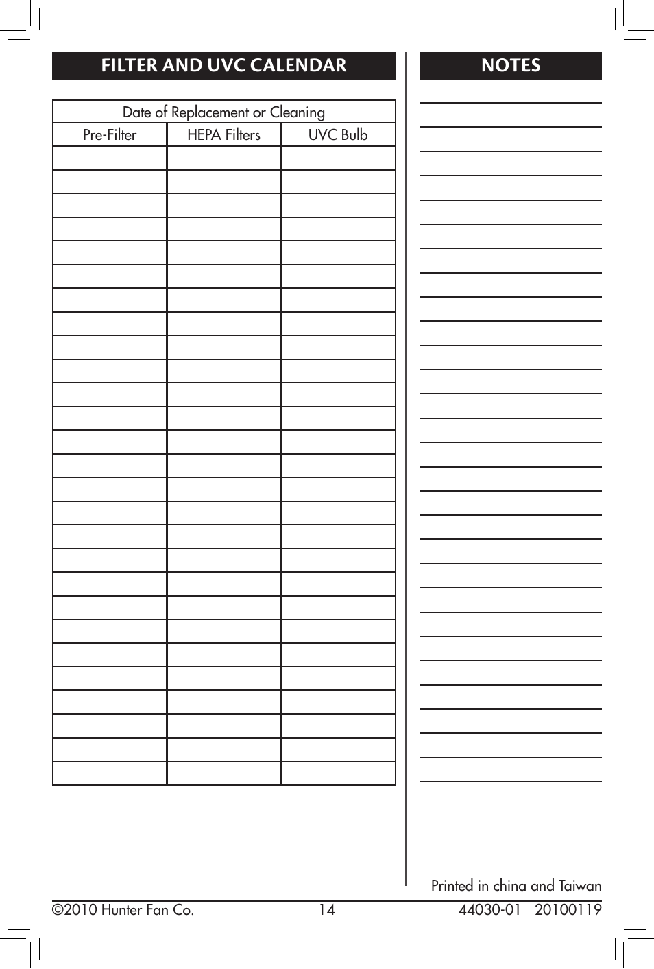 Filter and uvc calendar, Notes | Hunter Fan 44030-01 User Manual | Page 14 / 14