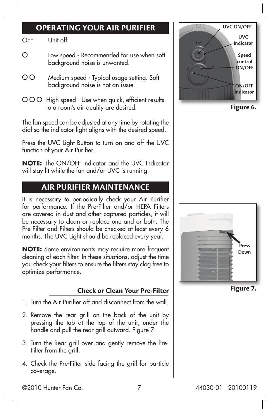 Operating your air purifier, Air purifier maintenance, Check or clean your pre-filter | Figure 7, Figure 6 | Hunter Fan 44030-01 User Manual | Page 7 / 14