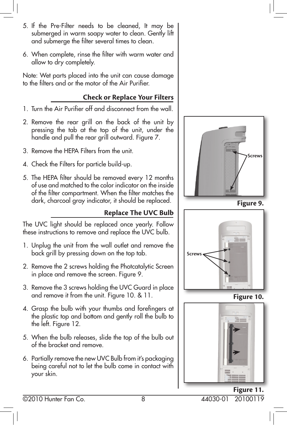 Check or replace your filters, Replace the uvc bulb, Figure 10. replace the uvc bulb | Figure 11, Figure 9 | Hunter Fan 44030-01 User Manual | Page 8 / 14