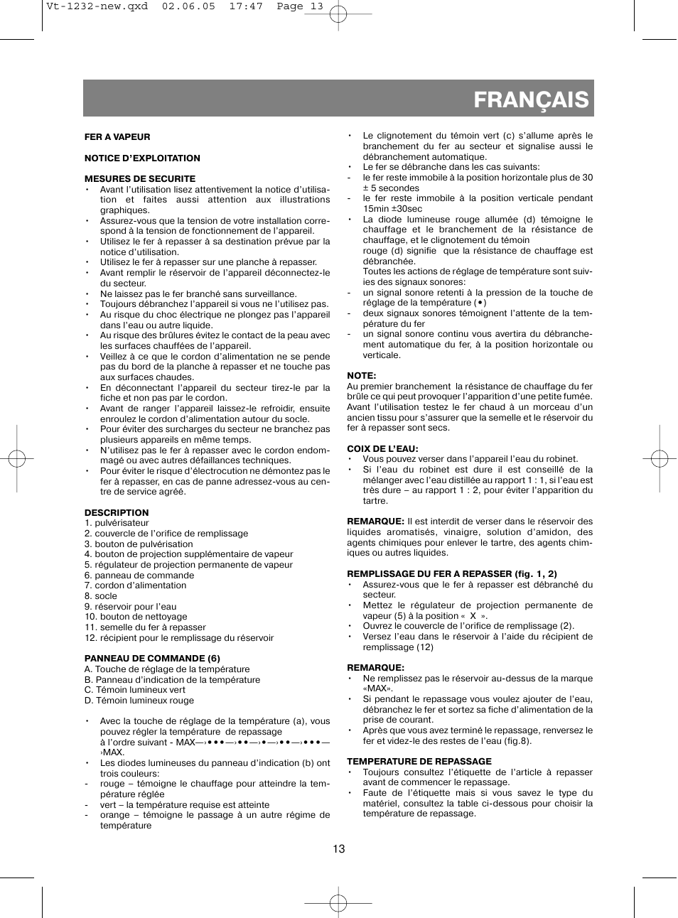 Français | Vitek VT-1232 User Manual | Page 13 / 44