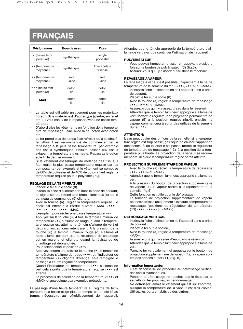 Français | Vitek VT-1232 User Manual | Page 14 / 44