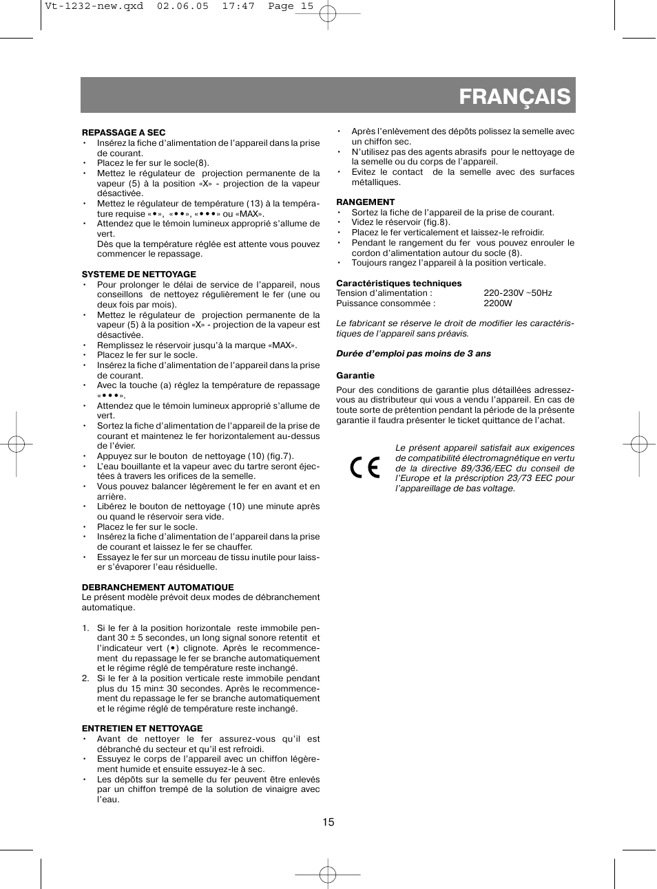 Français | Vitek VT-1232 User Manual | Page 15 / 44