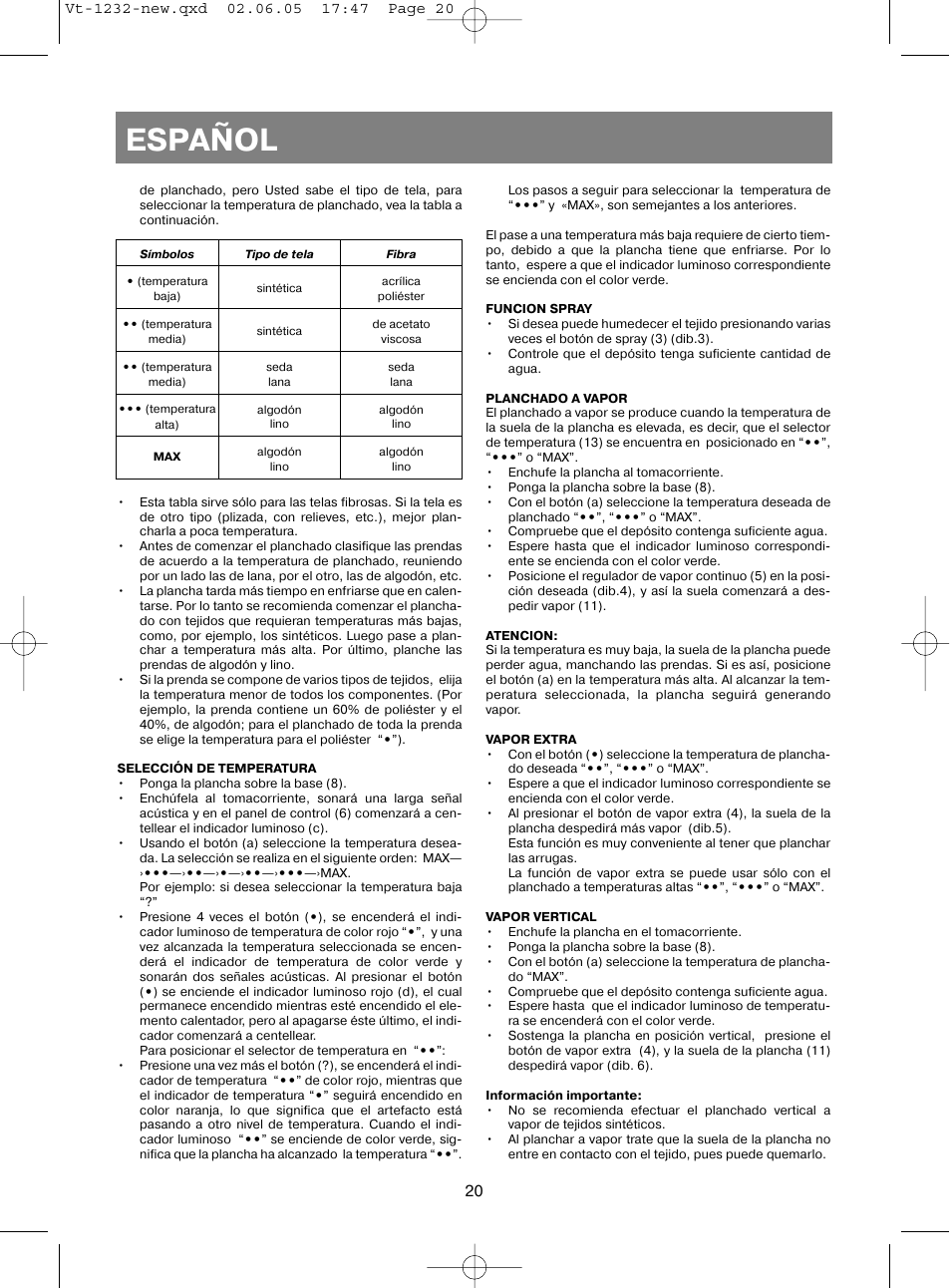 Español | Vitek VT-1232 User Manual | Page 20 / 44