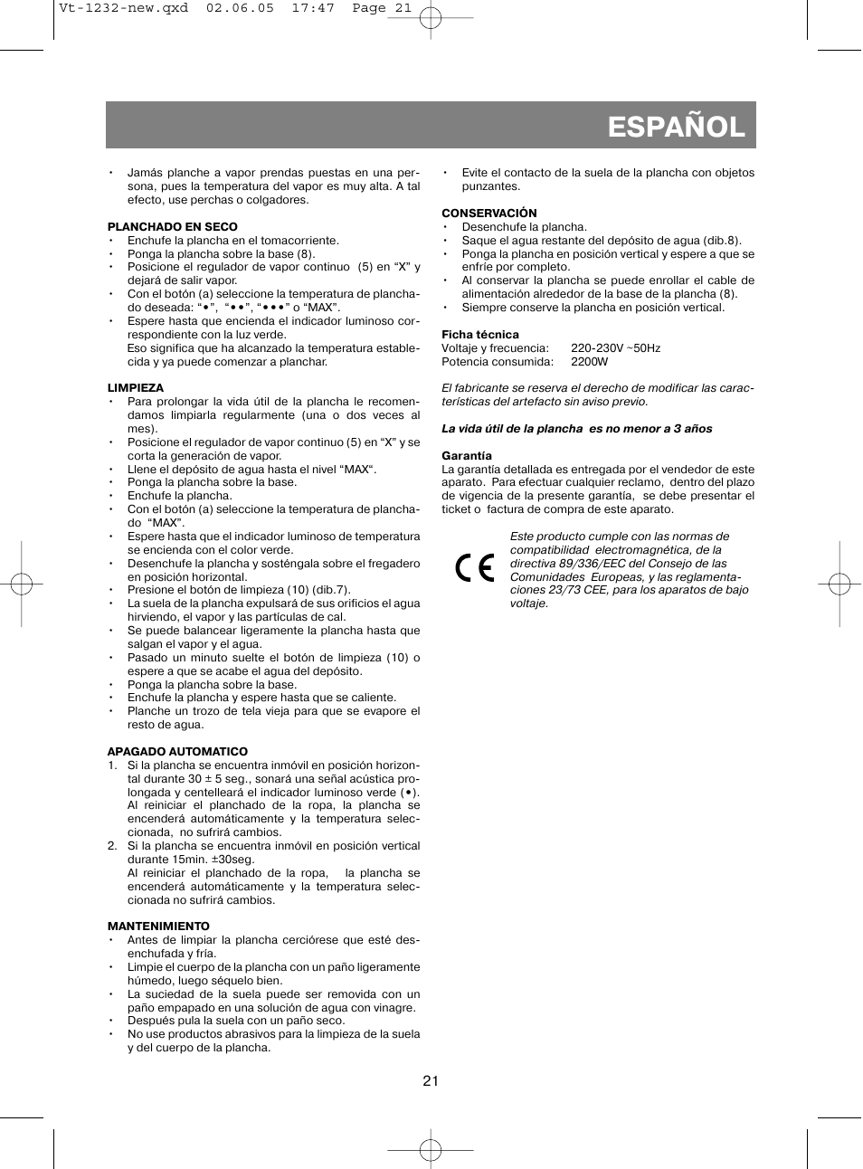 Español | Vitek VT-1232 User Manual | Page 21 / 44