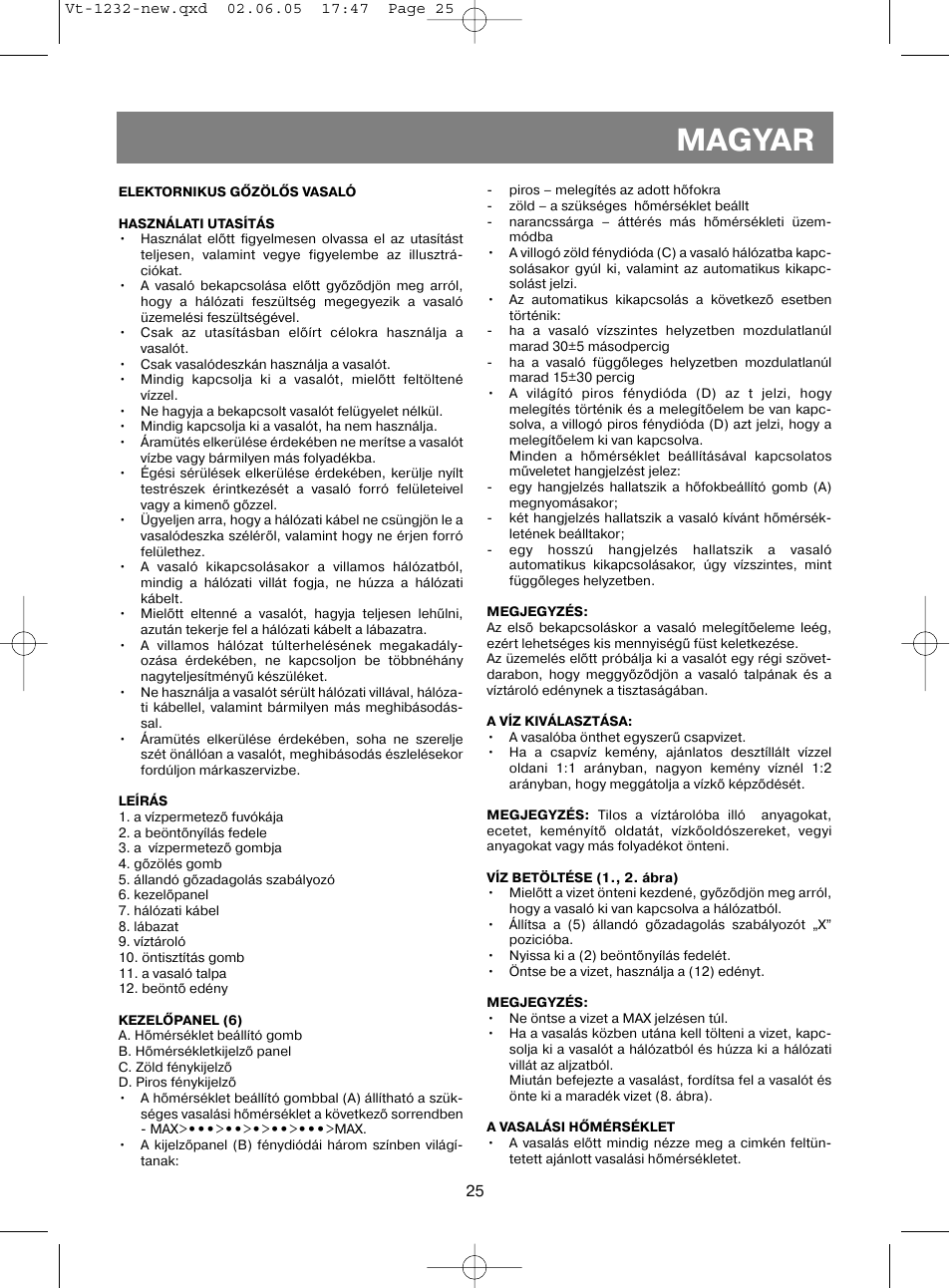 Magyar | Vitek VT-1232 User Manual | Page 25 / 44