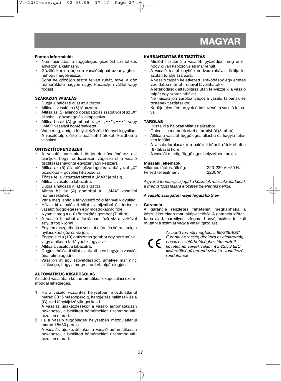 Magyar | Vitek VT-1232 User Manual | Page 27 / 44