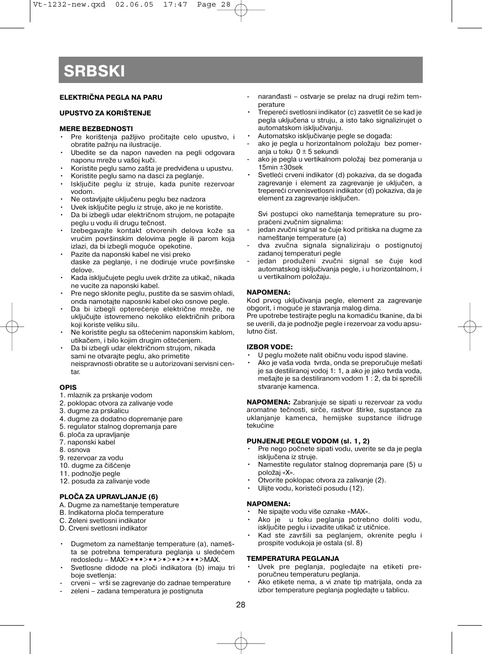 Srbski | Vitek VT-1232 User Manual | Page 28 / 44