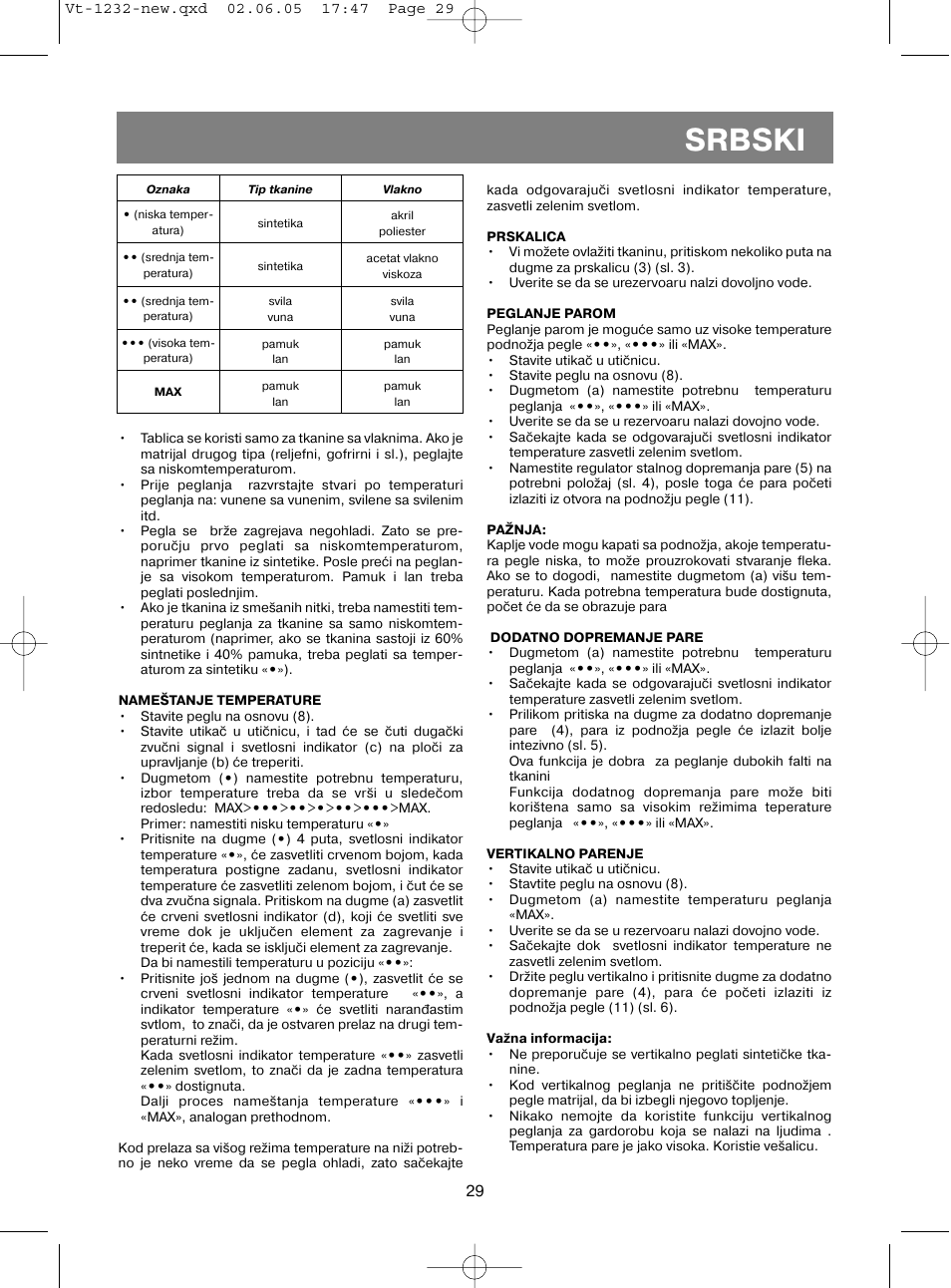 Srbski | Vitek VT-1232 User Manual | Page 29 / 44