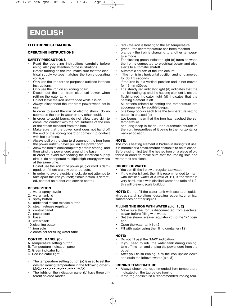 English | Vitek VT-1232 User Manual | Page 4 / 44