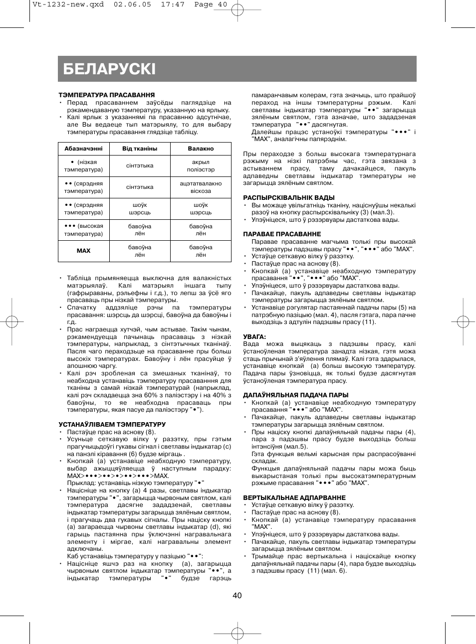 Áåëàðóñêi | Vitek VT-1232 User Manual | Page 40 / 44
