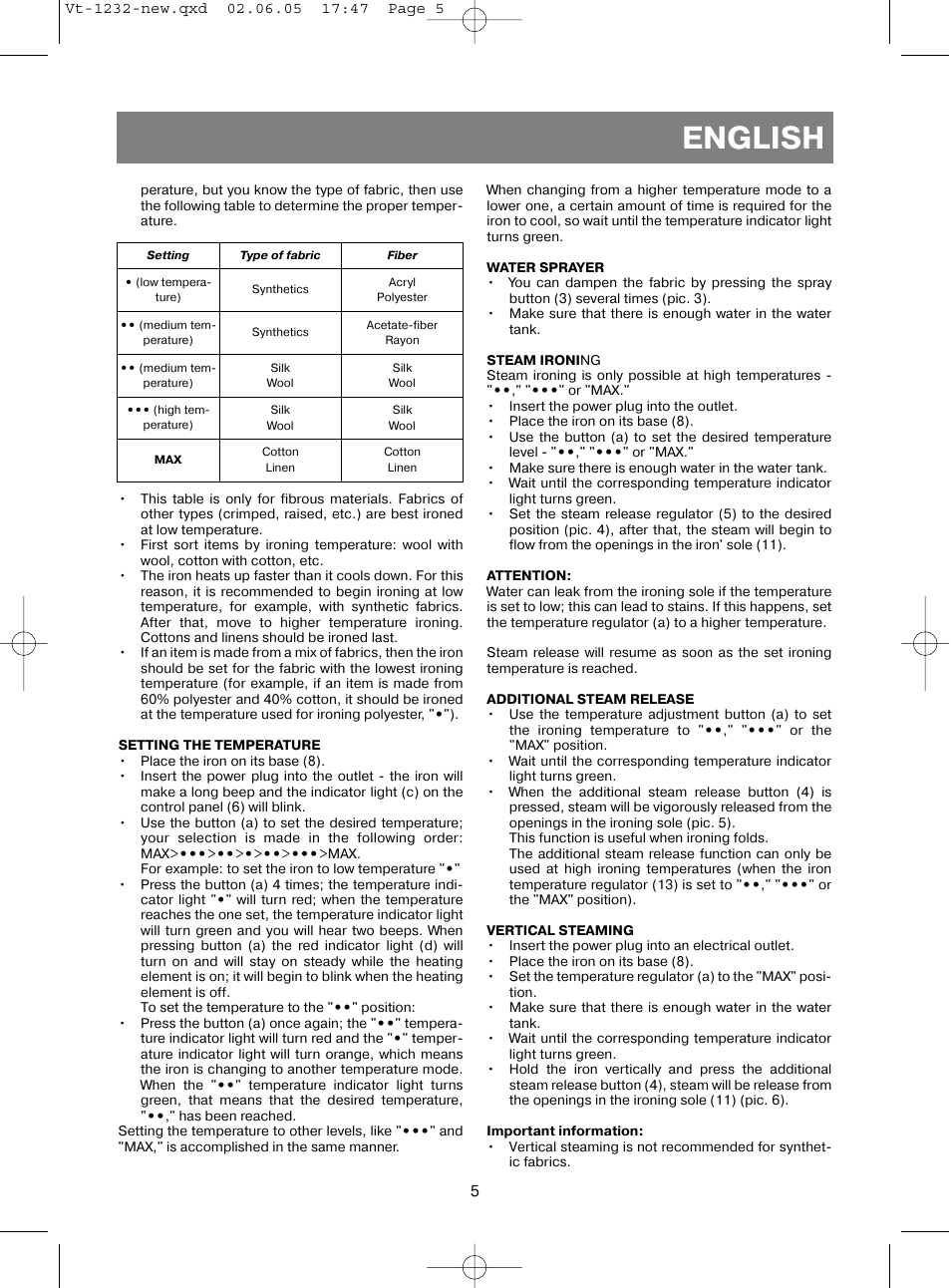 English | Vitek VT-1232 User Manual | Page 5 / 44