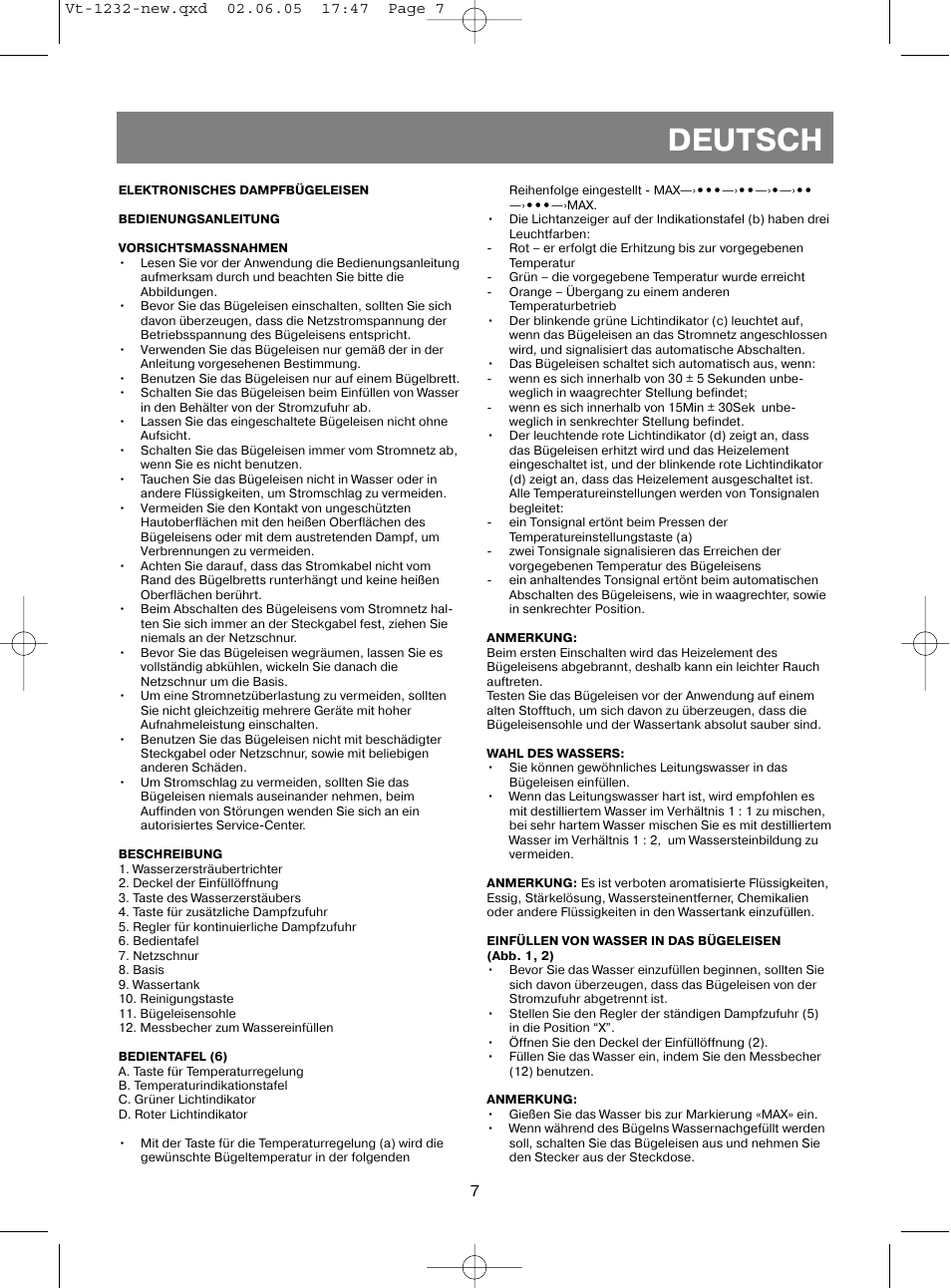 Deutsch | Vitek VT-1232 User Manual | Page 7 / 44