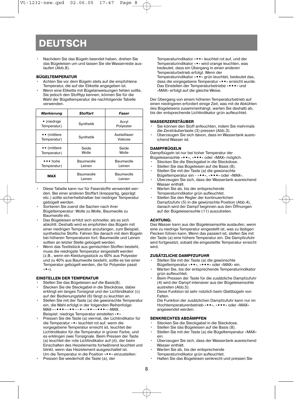 Deutsch | Vitek VT-1232 User Manual | Page 8 / 44