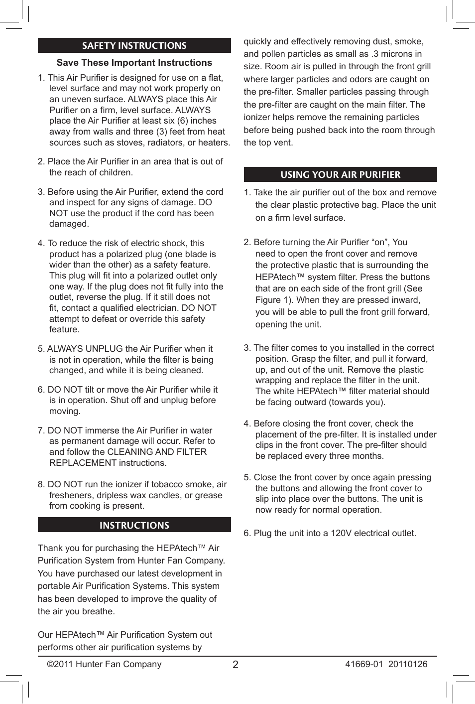 Hunter Fan HEPATECH 30027 User Manual | Page 2 / 5