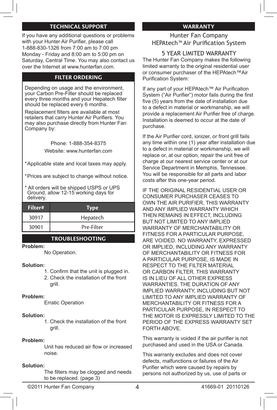 Hunter Fan HEPATECH 30027 User Manual | Page 4 / 5