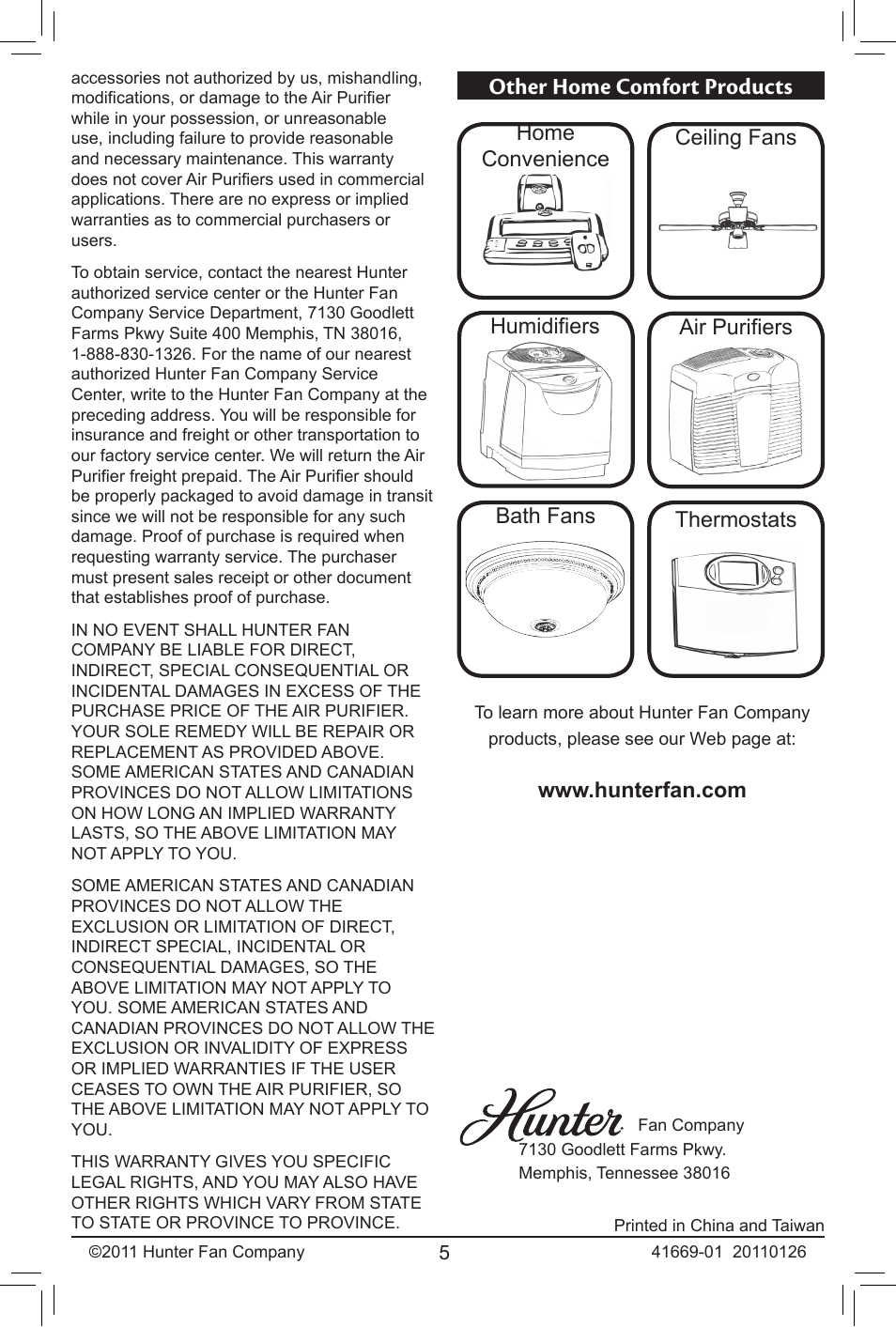 Other home comfort products | Hunter Fan HEPATECH 30027 User Manual | Page 5 / 5