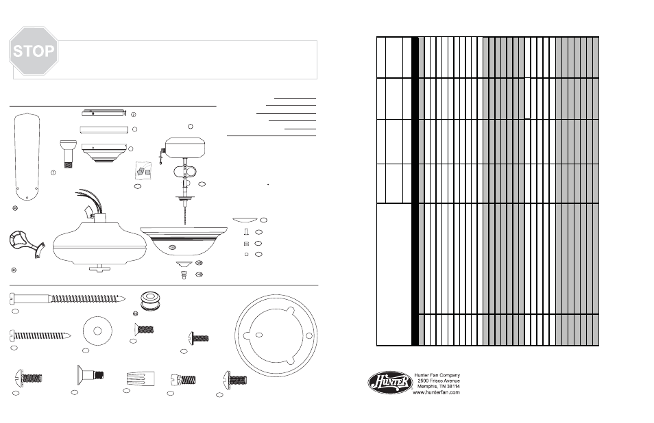 Guía de piezas, Lista de piezas, Herrajes | Piezas del ventilador | Hunter Fan 23263 User Manual | Page 2 / 2