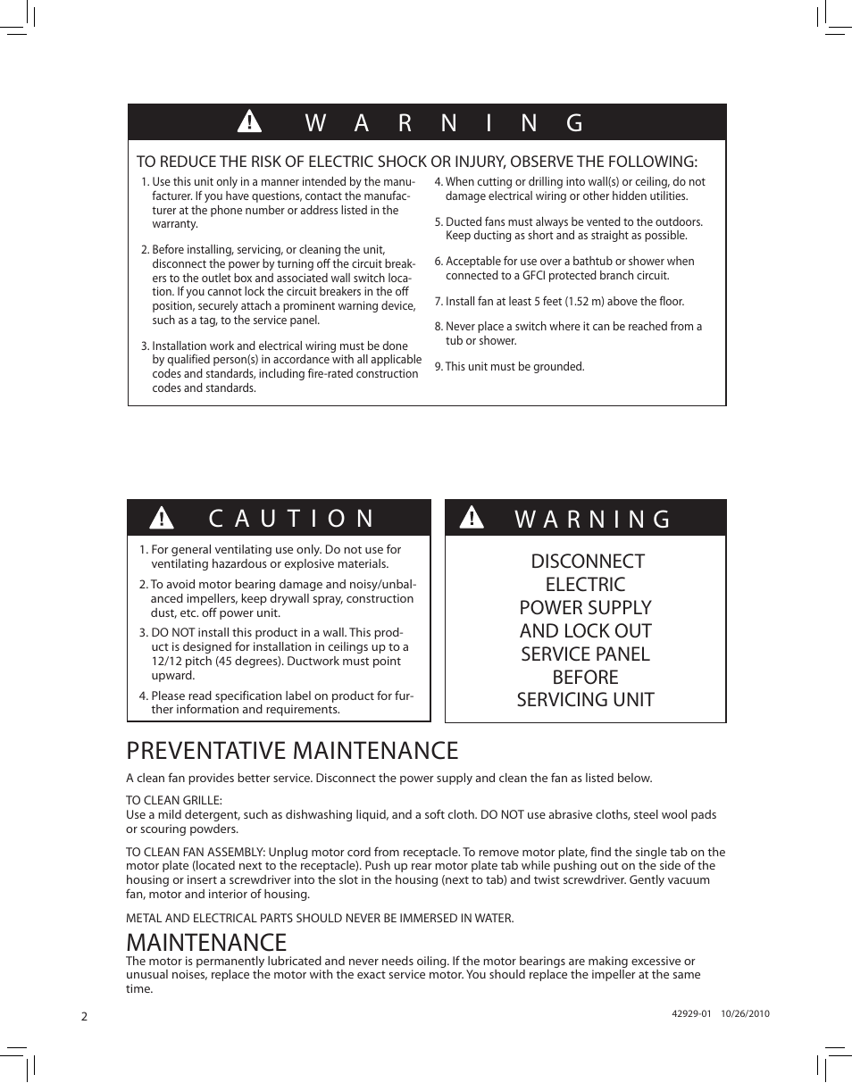 Preventative maintenance, Maintenance | Hunter Fan LA STRADA 82022 User Manual | Page 2 / 63