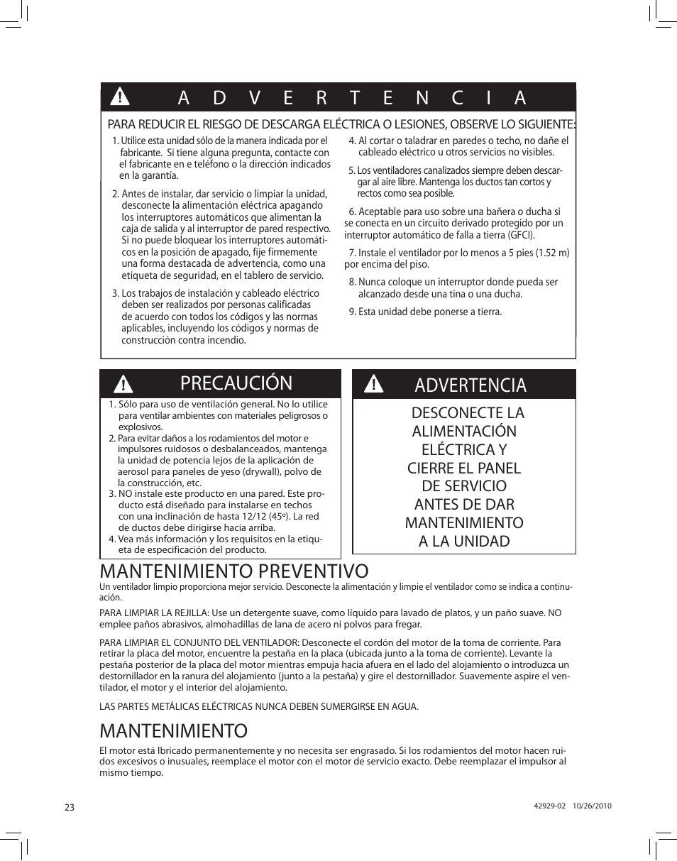 Mantenimiento preventivo, Mantenimiento, Precaución advertencia | Hunter Fan LA STRADA 82022 User Manual | Page 23 / 63