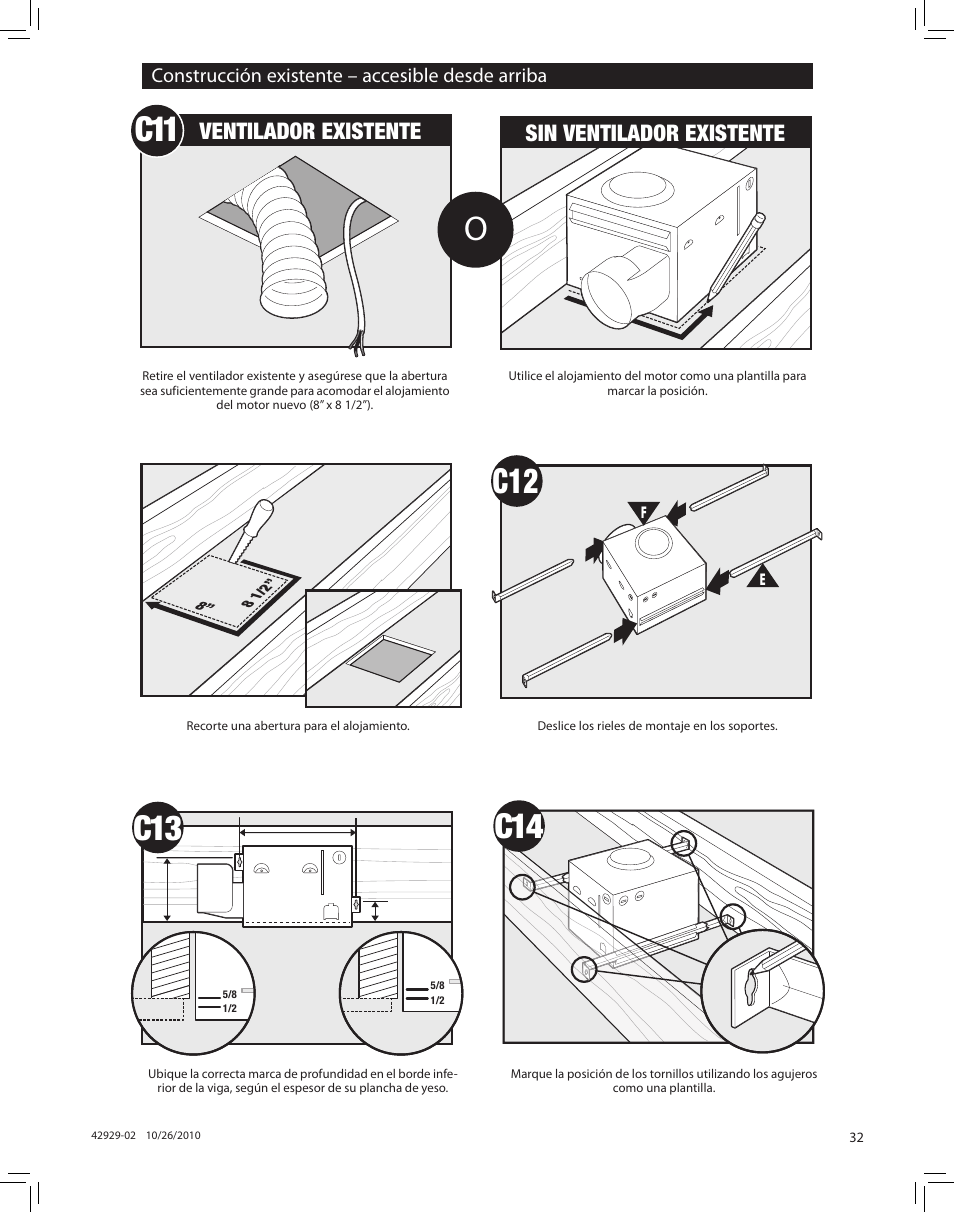 C11 c12, C13 c14, Ventilador existente | Sin ventilador existente, Construcción existente – accesible desde arriba | Hunter Fan LA STRADA 82022 User Manual | Page 32 / 63