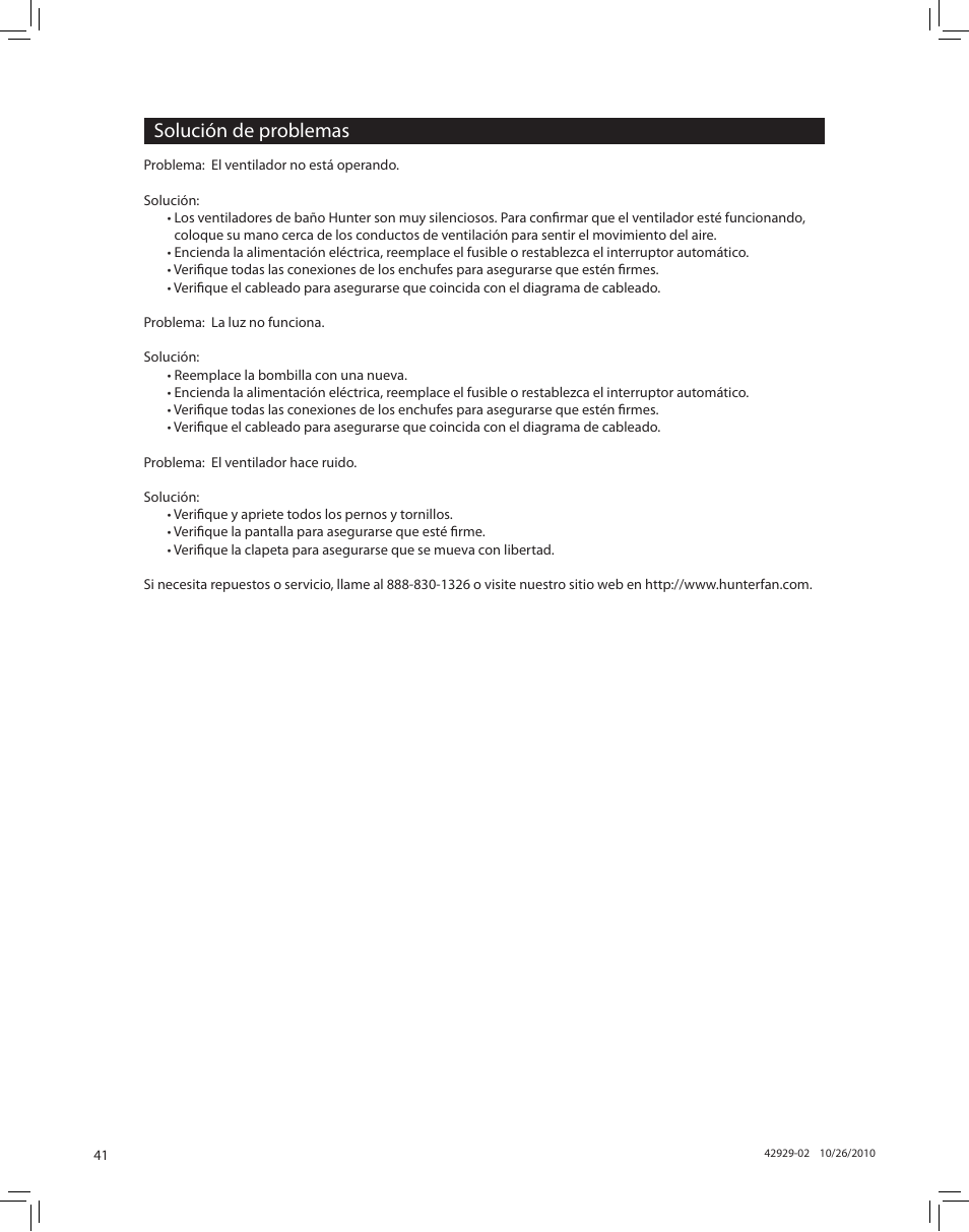 Solución de problemas | Hunter Fan LA STRADA 82022 User Manual | Page 41 / 63