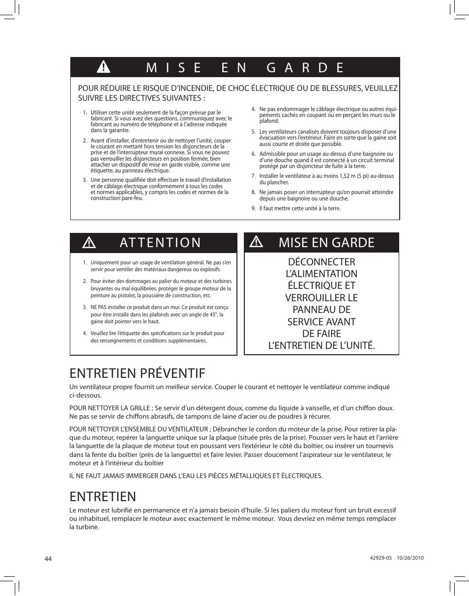 At tention, Mise en garde entretien préventif, Entretien | Hunter Fan LA STRADA 82022 User Manual | Page 44 / 63