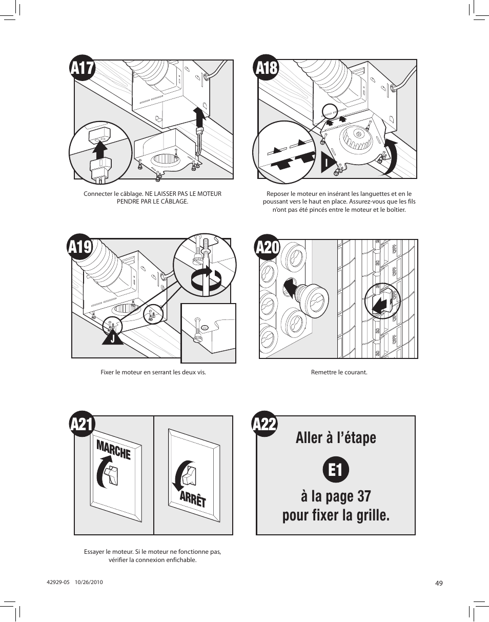 A22 e1, Aller à l’étape à la page 37 pour fixer la grille, Marche arrêt | Hunter Fan LA STRADA 82022 User Manual | Page 49 / 63