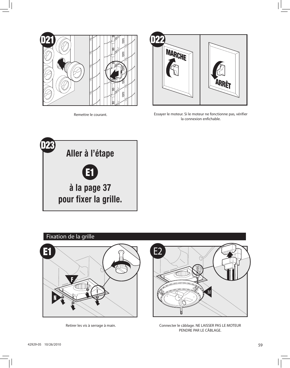 Aller à l’étape à la page 37 pour fixer la grille, Marche arrêt | Hunter Fan LA STRADA 82022 User Manual | Page 59 / 63