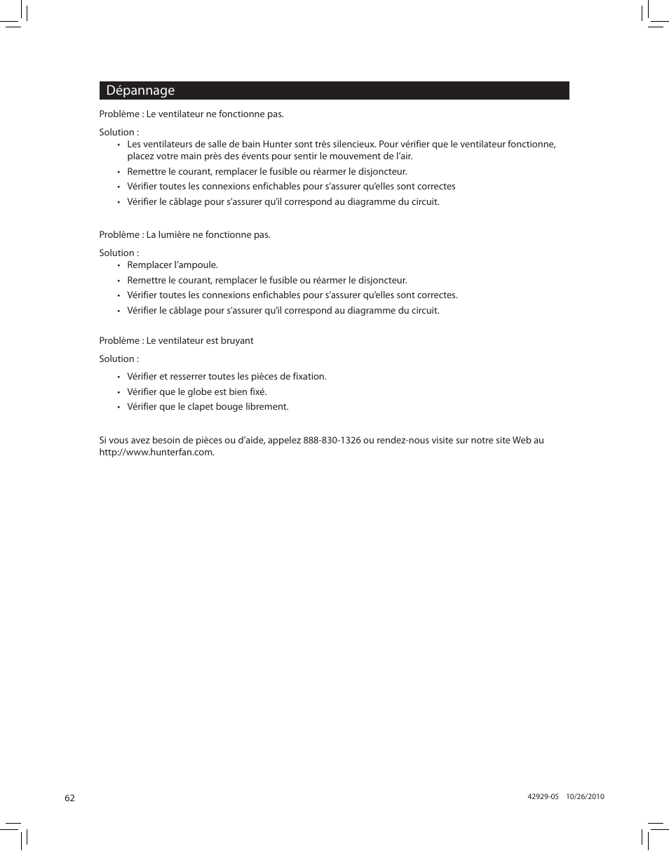 Dépannage | Hunter Fan LA STRADA 82022 User Manual | Page 62 / 63