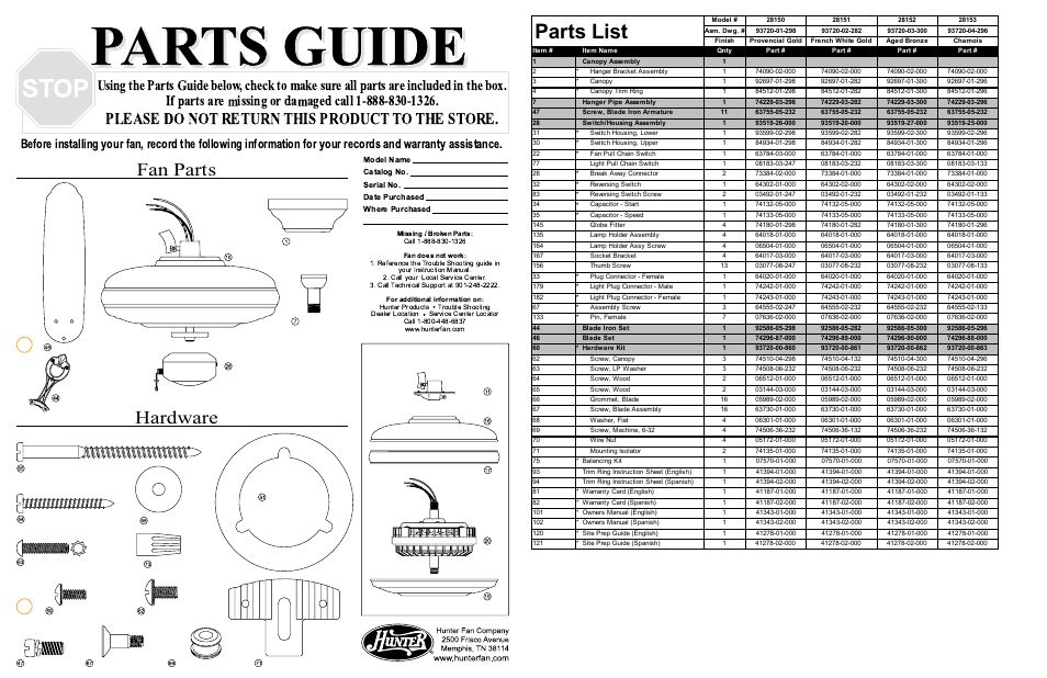 Hunter Fan 28151 User Manual | 2 pages