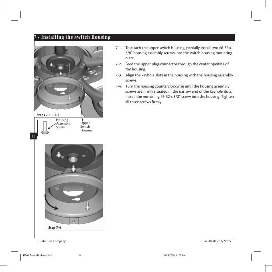 7 • installing the switch housing | Hunter Fan 42501-01 User Manual | Page 10 / 15