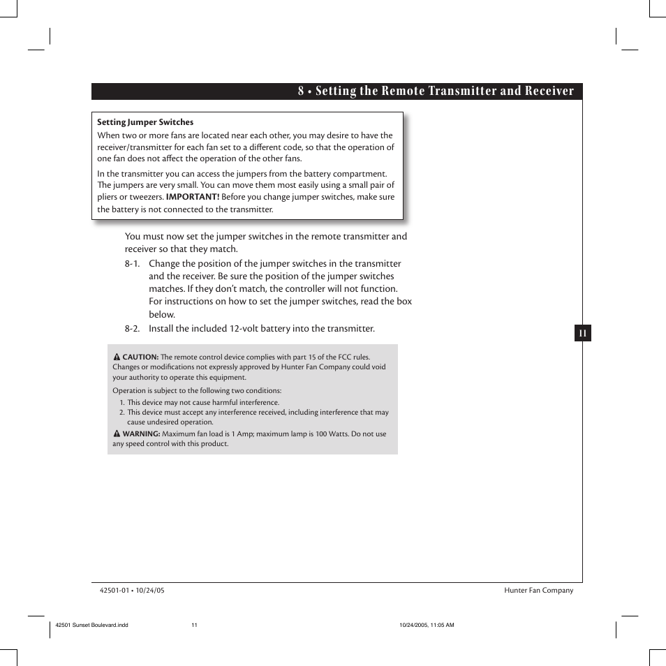 8 • setting the remote transmitter and receiver | Hunter Fan 42501-01 User Manual | Page 11 / 15