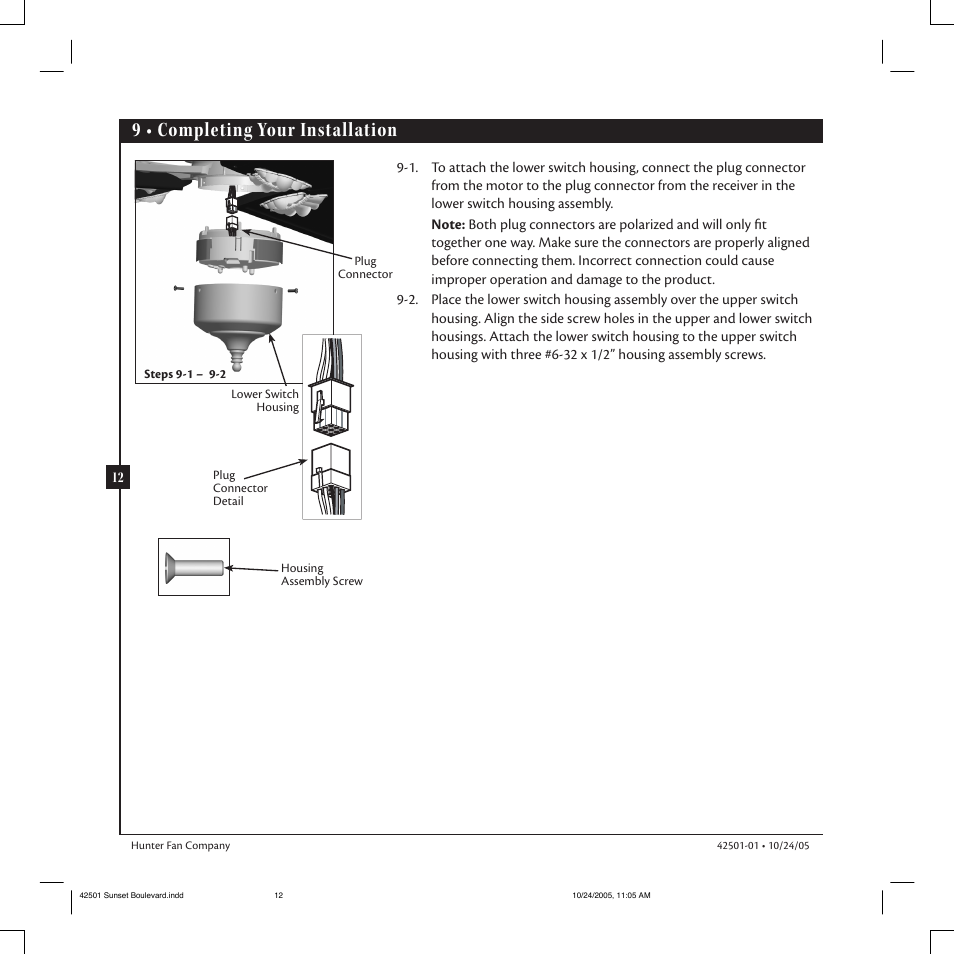 9 • completing your installation | Hunter Fan 42501-01 User Manual | Page 12 / 15