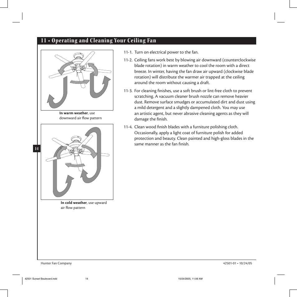 11 • operating and cleaning your ceiling fan | Hunter Fan 42501-01 User Manual | Page 14 / 15