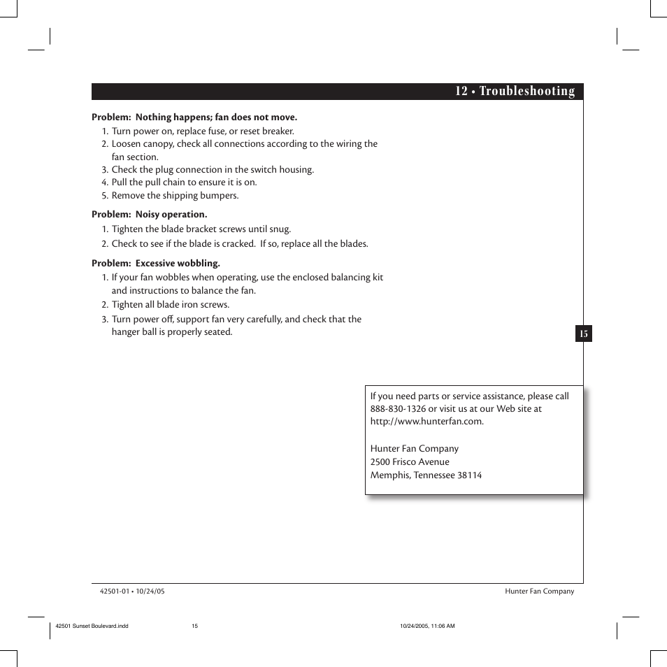 12 • troubleshooting | Hunter Fan 42501-01 User Manual | Page 15 / 15