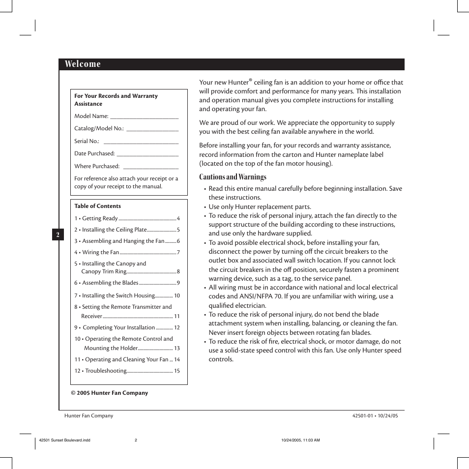 Welcome, Cautions and warnings | Hunter Fan 42501-01 User Manual | Page 2 / 15