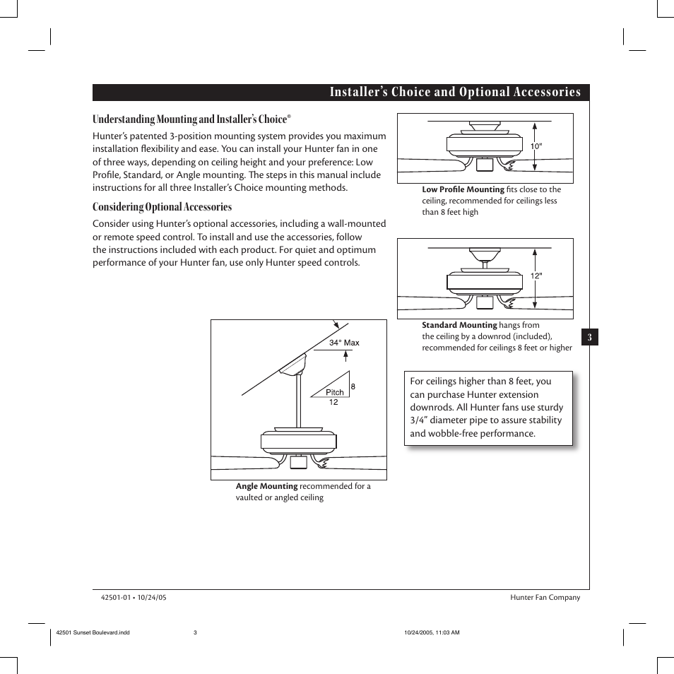 Installer’s choice and optional accessories, Understanding mounting and installer’s choice, Considering optional accessories | Hunter Fan 42501-01 User Manual | Page 3 / 15