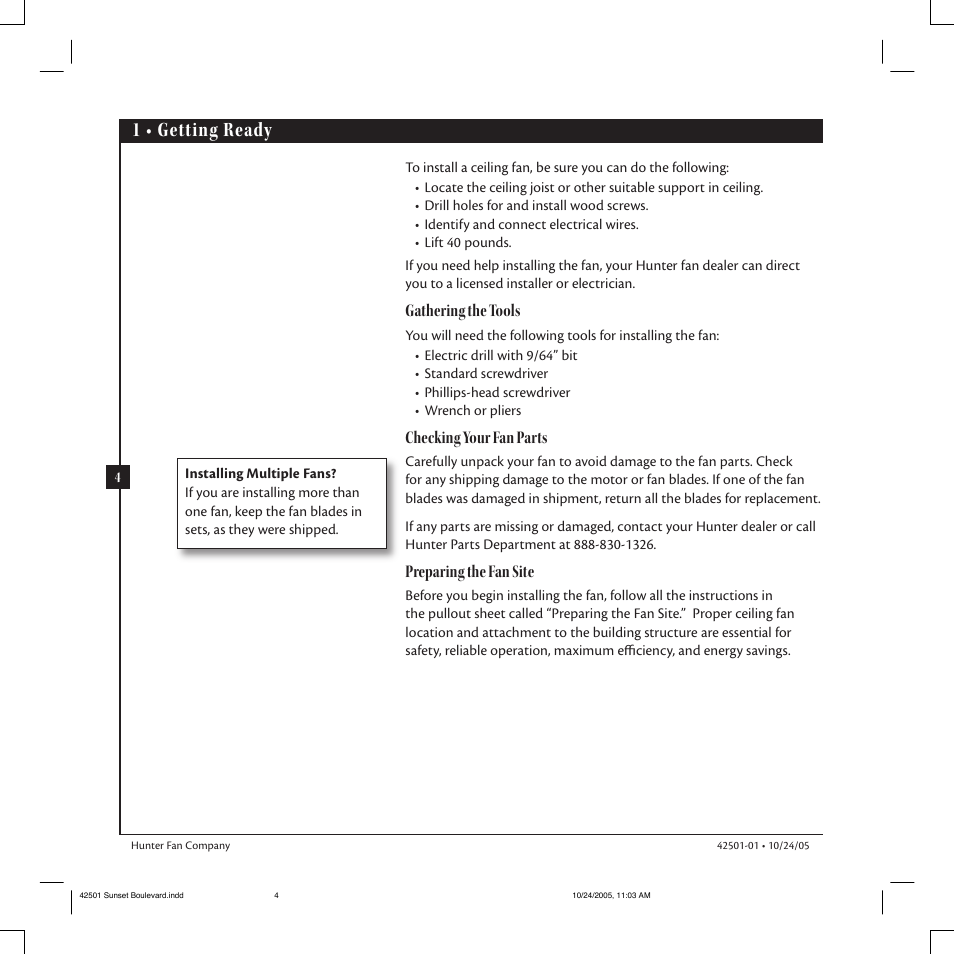 1 • getting ready, Gathering the tools, Checking your fan parts | Preparing the fan site | Hunter Fan 42501-01 User Manual | Page 4 / 15