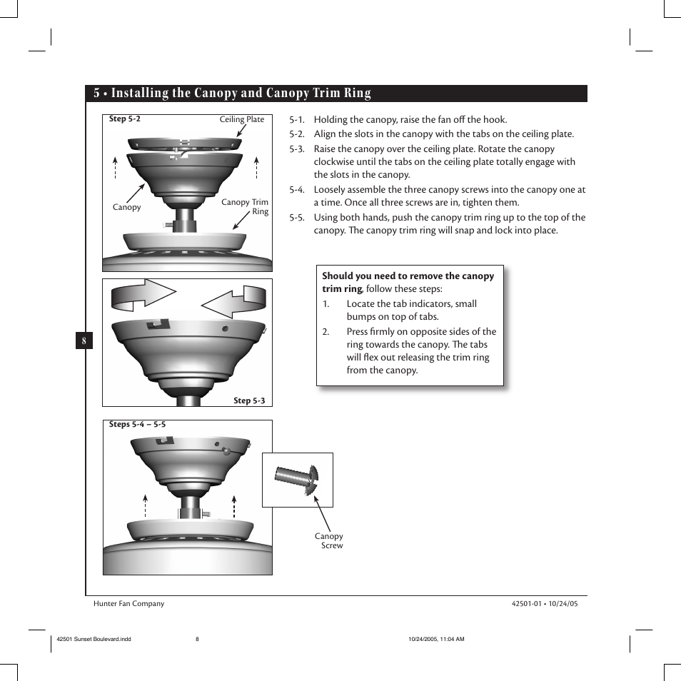 5 • installing the canopy and canopy trim ring | Hunter Fan 42501-01 User Manual | Page 8 / 15