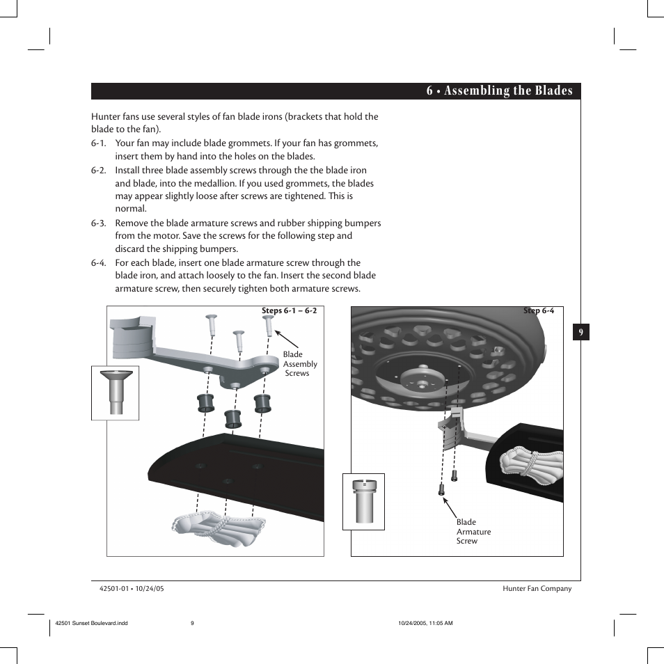 6 • assembling the blades | Hunter Fan 42501-01 User Manual | Page 9 / 15