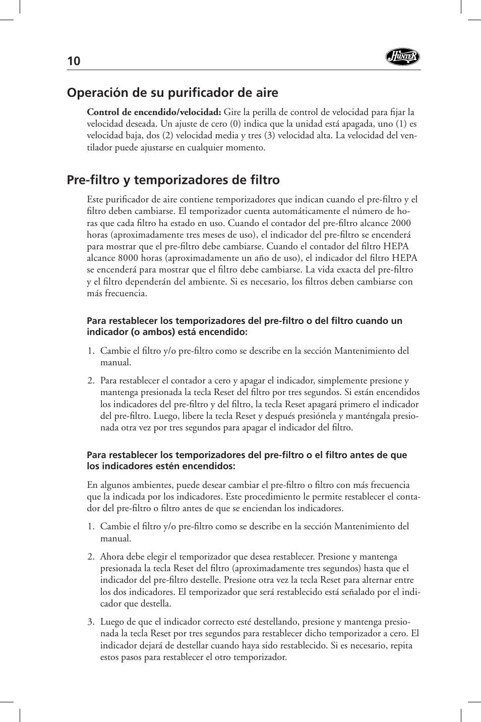 Operación de su purifi cador de aire, Pre-fi ltro y temporizadores de fi ltro | Hunter Fan 36127 User Manual | Page 10 / 54