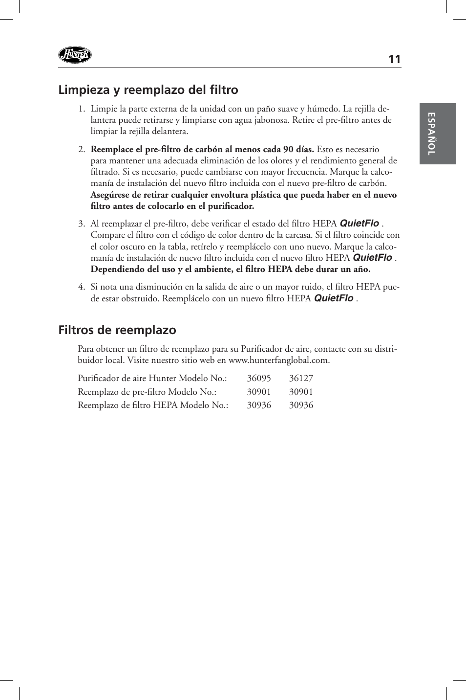 Limpieza y reemplazo del fi ltro, Filtros de reemplazo | Hunter Fan 36127 User Manual | Page 11 / 54