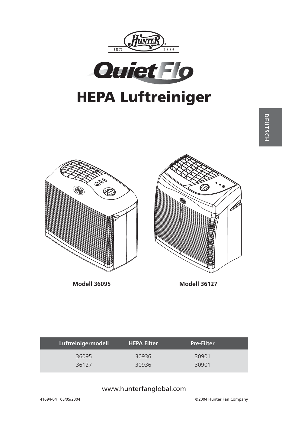 Hepa luftreiniger | Hunter Fan 36127 User Manual | Page 13 / 54